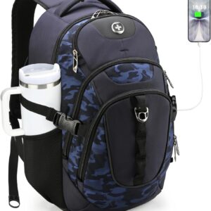 Swissdigital Design Laptop Backpack with USB Charging Port, Travel Backpack Fits 15.6 inches Computer, 31L College School Backpack for Men, Blue Camo | SD803-92