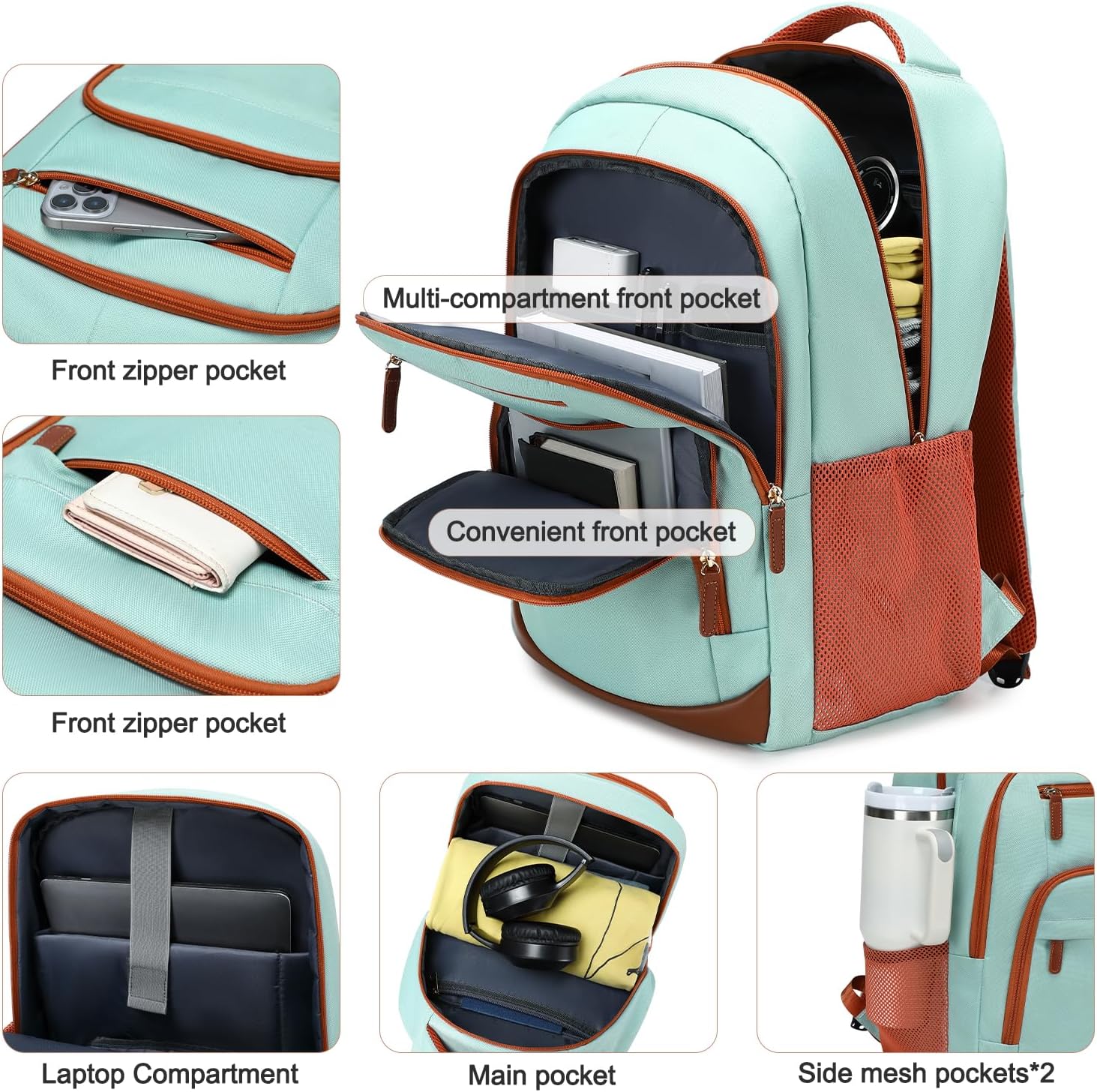 BOVIP Travel Backpack For Men Women,40L Carry On Backpack Flight Approved,TSA Personal Item Travel Bag Fits 17 Inch Laptop,Business Weekender Overnight Daypack Light Green - Image 5