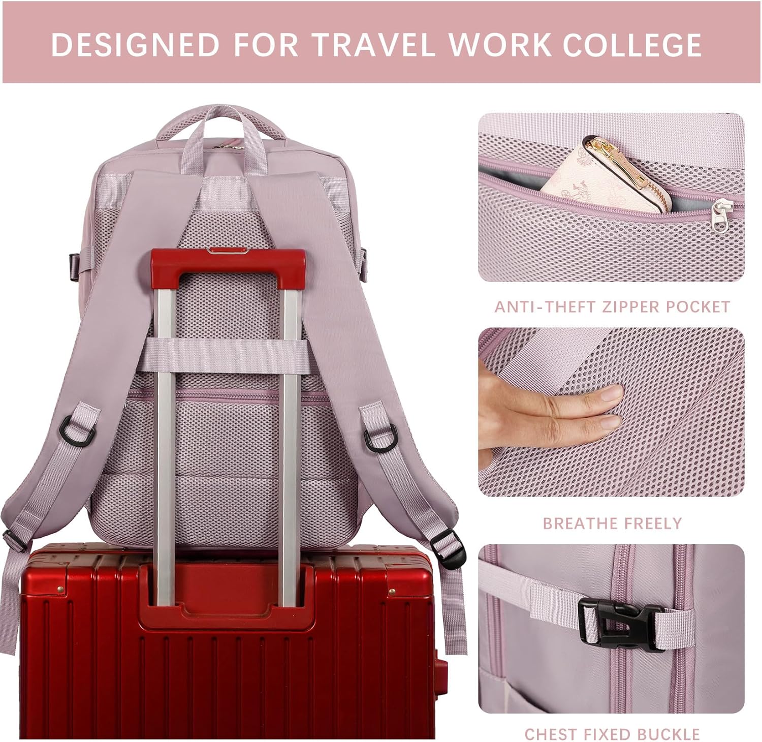 SHRRADOO Travel Laptops Backpack for Women Men, Casual Work Bag 17inch High School College Backpack Airline Approved Backpack for Hiking Business (Pink khaki) - Image 4