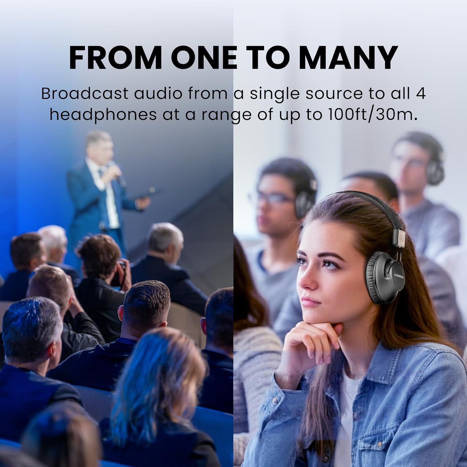 Avantree Quartet 2 - Wireless Group Listening Headphones & Transmitter for TV, Church, Classroom, Silent Discos, Plug & Play, 2.4GHz Expandable Multi-Headphone System with Low Latency & Clear Voice - Image 2