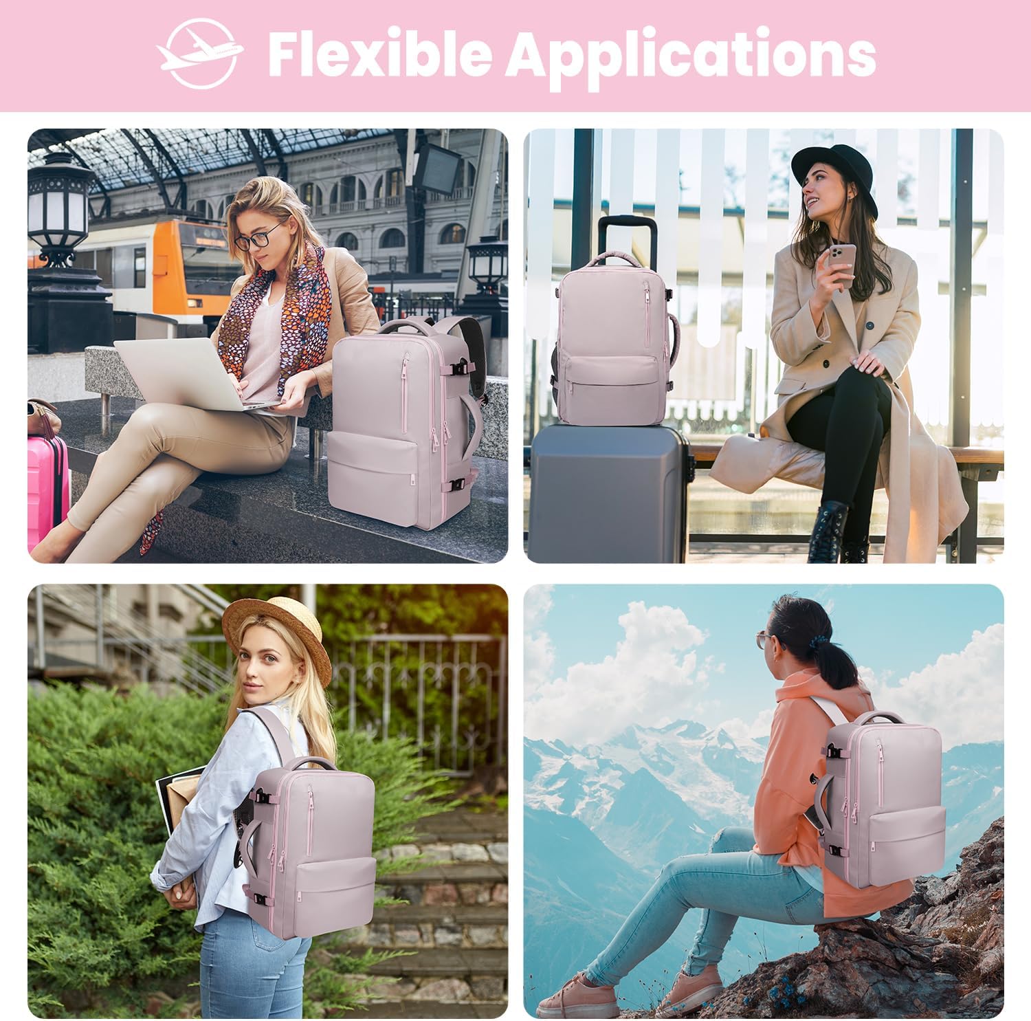 prezon 35L Travel Backpack | 180° All-Open Design | Multi-Pockets | Airline Approved Carry on |15.6 inch Laptop Compartment |USB Port |Perfect for Travel Business College Bookbags|Men Women,Dark Pink - Image 8