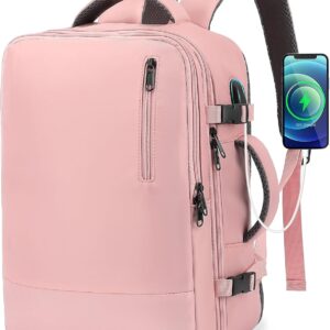 TANTOMI Small Travel Backpack for Women, 15.6 Inch Laptop Backpack Flight Approved, Carry-On Bags with USB Charging Port & Shoe Pouch, Casual Daypack on Airplane for Weekender Work Business, Pink