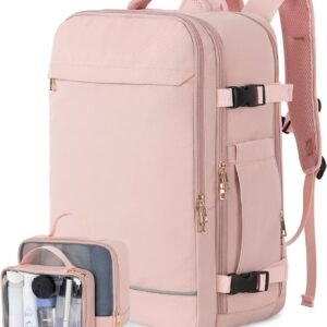 Sinaliy Large Travel Backpack for Women, 40L Travel Bag Personal Item Size, Laptop Backpacks, Waterproof Carry On Backpack with Packing Cubes for College Business Hiking Work Essentials, Pink
