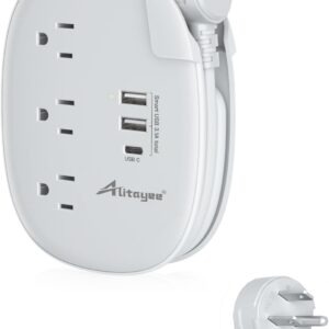 Alitayee USB C Portable Travel Power Strip with 3 Outlets 3 USB Ports Fast Charge, USB Extendable Outlet Extender with Flat Plug and 3ft Wrapped Around Extension Cord for Cruise Travel Home Office