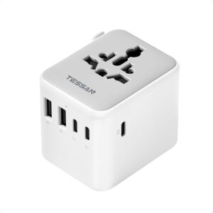 TESSAN Universal Travel Adapter 28W, International Power Adapter with 3 USB C 2 USB A Charging Ports, Worldwide Plug Adaptor for US to European UK Italy Ireland New Zealand (Type C G A I)