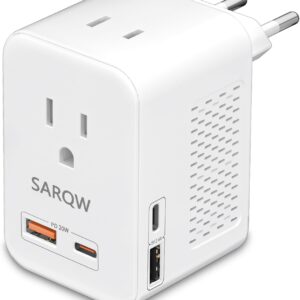 220V to 110V Voltage Conversion Plug Adapter for Traveling from USA to Europe with 2 USB and 2 USBC Ports PD 20 W, 2 AC Outlets International Power Adapter