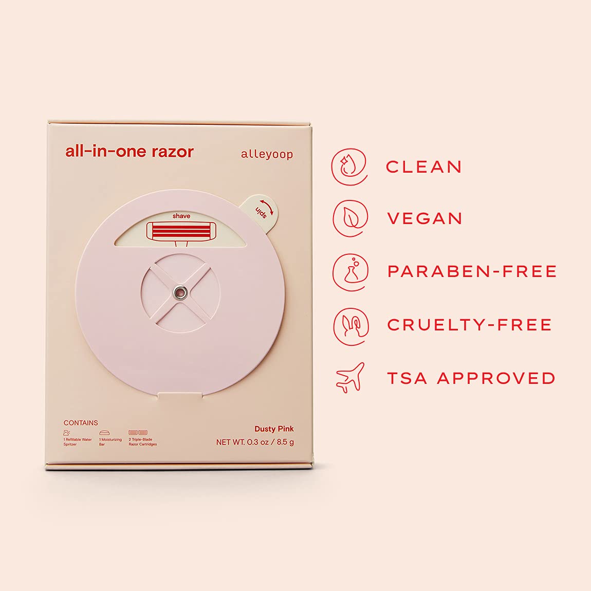 Alleyoop Portable Travel Razors For Women - On-the-Go Mini Triple-Blade Razor & Shaver - Clean & Close Shave with Moisturizing Bar & Refillable Spray Bottle - Gentle for All Skin Types (Dusty Pink) - Image 6