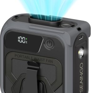SEAINGO Portable Waist Fan Rechargeable – 10000mAh, 42 ft/s Max, 5 Speeds 16000RPM, Personal Cooling Wearable Clip Body Belt Shirt Fans, Hanging Neck Fan with Light for Camping Travel Outdoor Indoor