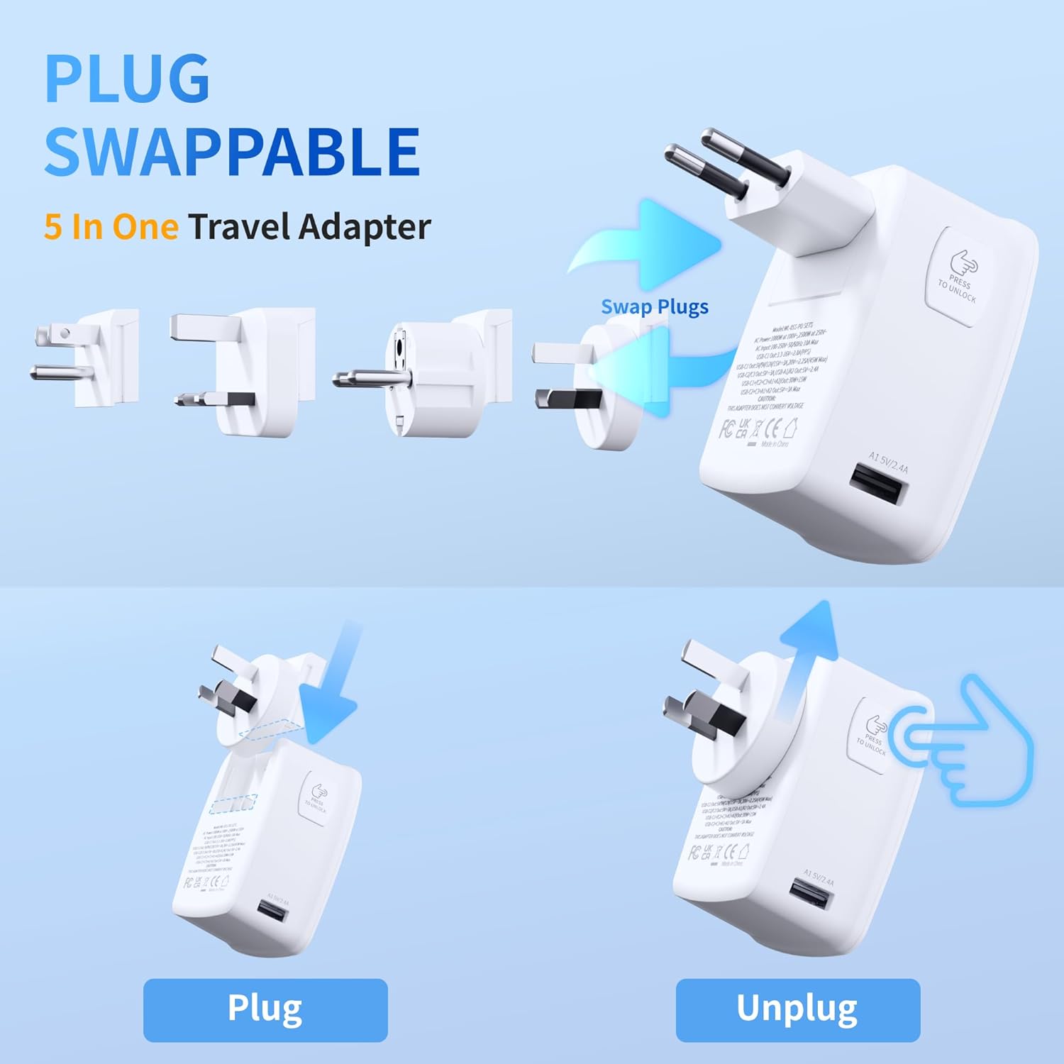 GaN 45W Universal Travel Adapter Kit, 7 in 1 International Power Adapter with 3 USB-C/2 USB-A/2 AC Ports, Cruise Essentials Worldwide Charger for European, Australia, UK - for Laptop, Phone, Camera - Image 5