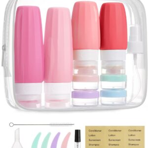 BAGSMART 18 Pack TSA Approved Travel Bottles for Toiletries, Leak Proof Silicone Travel Size Containers Bottles for Shampoo, Rose Pink