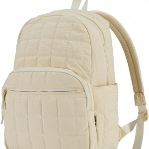 Quilted Travel Work Laptop Backpack for Women(Off-white),Lightweight Cute Casual Daypack for Teen Girls,Small Purse Backpack,Waterproof Nylon Middle School College Student Bookbag