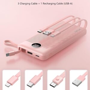 Alternative view of VRURC Portable Charger Power Bank, 10000mAh Travel Essentials Battery Pack, Compact Charging Bank Built-in Cables Cords Compatible with iPhone 17 Pro 17 16 15 14 13, Samsung Phones-Pink(1 Pack)