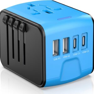 JMFONE Universal Travel Adapter with 4 USB C/A Ports and AC Outlets, All-in-One International Power Plug Adapter for All USB Devices, Worldwide Travel Charger for Europe US UK AU 200+ Countries(Blue)
