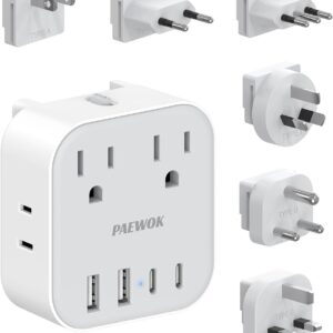 European Travel Plug Adapter Set, 8-in-1 Travel Adapter with 4 AC, 4 USB Ports (2 USB C), US to UK/EU Universal Travel Adapter, International Power Adapter with Type C/G/D/L/A/I Detachable Plugs
