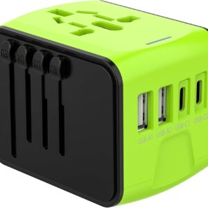 JMFONE International Travel Adapter 2 USB-C & 2 USB-A Ports and Multi AC Sockets,Universal Power Adapter Worldwide All in One High Speed 2.4A Perfect for 200+ Countries (Green)