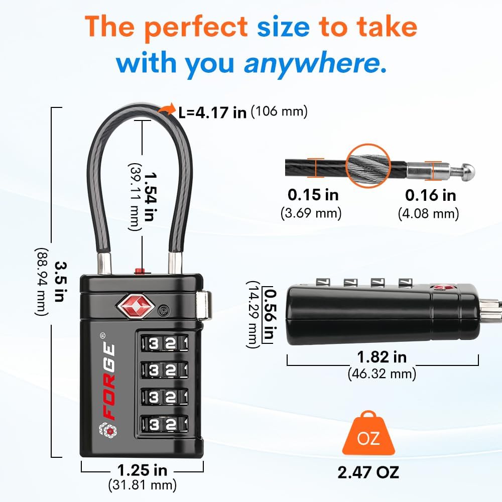 Forge TSA Approved Luggage Locks 4 Digit Combination TSA Travel Locks with TSA008, Open Alert Indicator, Zinc Alloy Body for Luggage, Suitcase, Backpack, and More. Black 2 Locks. - Image 7