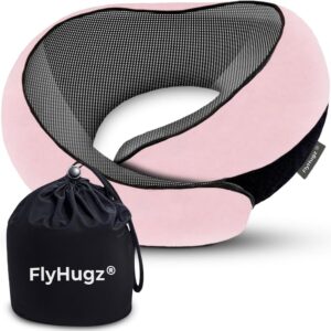 FlyHugz® Neck Travel Pillow | Memory Foam Neck Pillow for Comfort on Airplane | Compact and Ergonomic Design for Travel, Car Rides, and Home Use | Ideal for Adults and Kids (Pink)