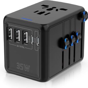 JMFONE 35W PD Universal Travel Adapter, Fast Charging International Power Plug Adapter with 3*USB-A & 2*USB-C Ports and Multi AC Sockets, All-in-one Travel Outlet Conversion Plugs for 200+ Countries