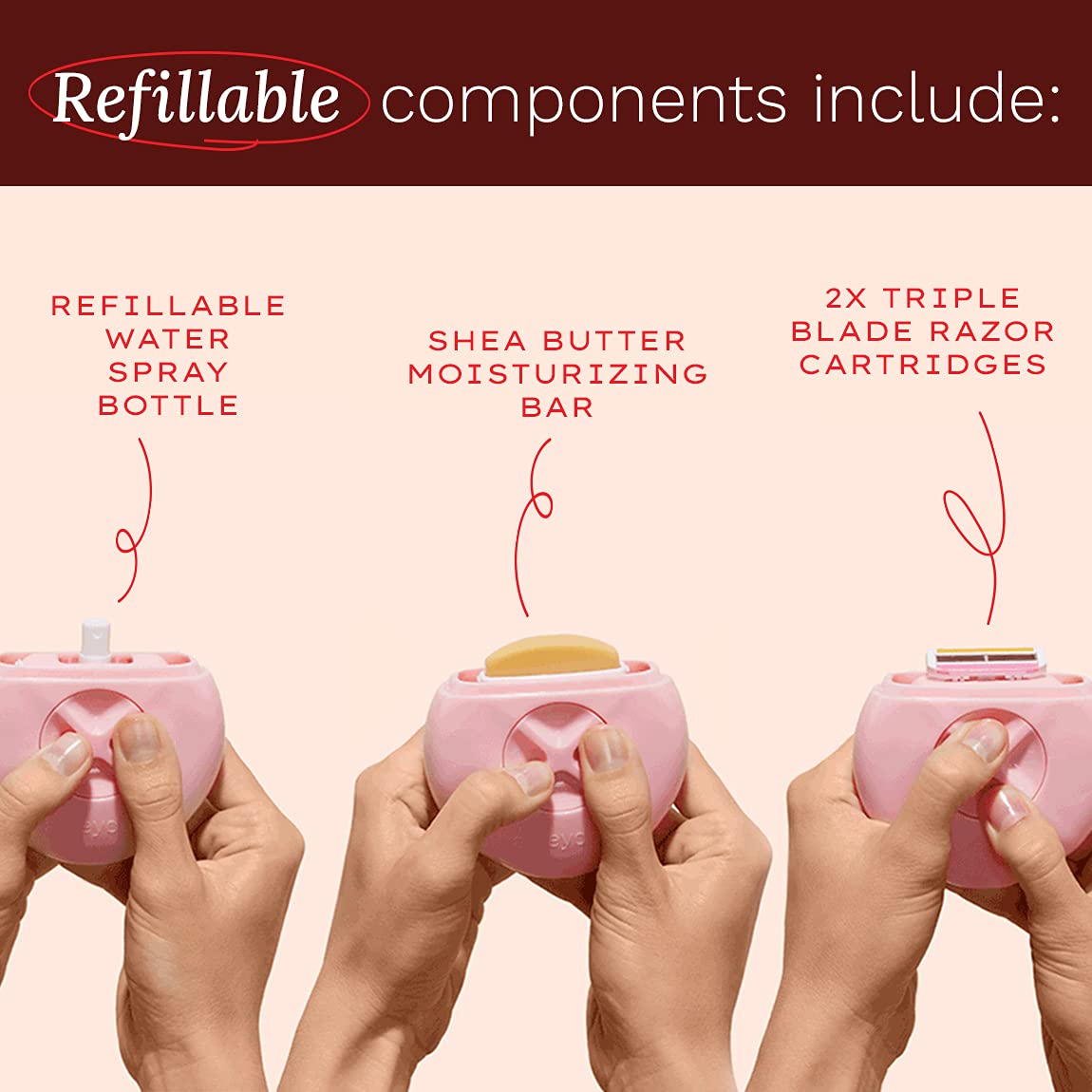 Alleyoop Portable Travel Razors For Women - On-the-Go Mini Triple-Blade Razor & Shaver - Clean & Close Shave with Moisturizing Bar & Refillable Spray Bottle - Gentle for All Skin Types (Dusty Pink) - Image 3