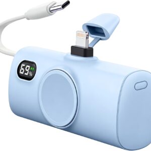 Little Blue Portable Charger Power Bank for iPhone 14 Pro, 5000mah Compact-Handy Battery Pack with USB C Cable for OnePlus 15 series, Travel Backup Charger for iPhone 12 mini, On-the Go Phone Charger