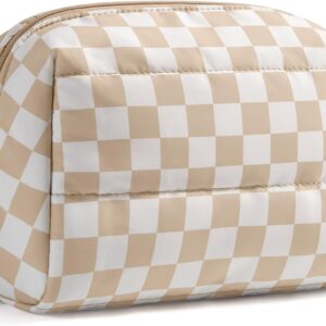BAGSMART Makeup Bag, Wide Opening Cosmetic Bag Compact & Spacious, Water-Resistant Travel Organizer Pouches for Women (Khaki Checkered)