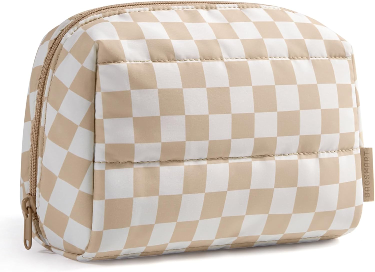 BAGSMART Makeup Bag, Wide Opening Cosmetic Bag Compact & Spacious, Water-Resistant Travel Organizer Pouches for Women (Khaki Checkered)