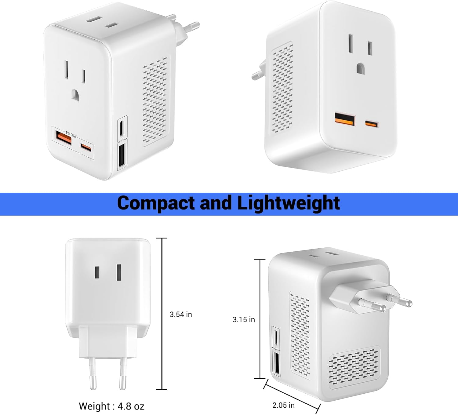 220V to 110V Voltage Conversion Plug Adapter for Traveling from USA to Europe with 2 USB and 2 USBC Ports PD 20 W, 2 AC Outlets International Power Adapter - Image 5