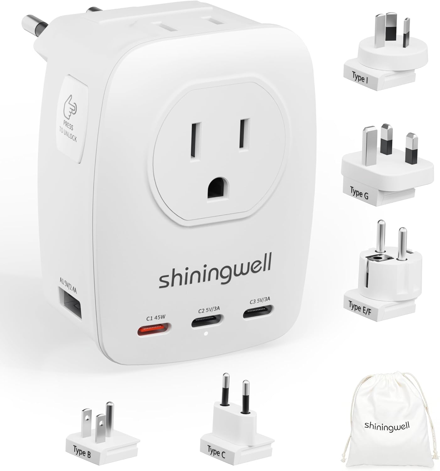 GaN 45W Universal Travel Adapter Kit, 7 in 1 International Power Adapter with 3 USB-C/2 USB-A/2 AC Ports, Cruise Essentials Worldwide Charger for European, Australia, UK - for Laptop, Phone, Camera