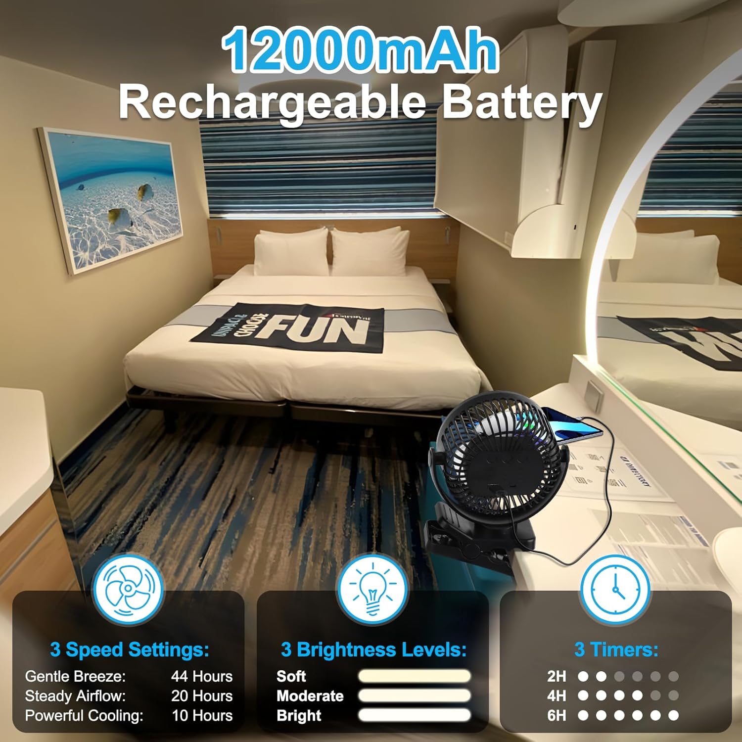 6 inch Magnetic Cruise Fan with 12000mAh Rechargeable Battery, 3-Speed Control, LED Light, Timer, Clip & Power Output – Ship-Approved, 360° Tilt Head for Cruise Staterooms & Travel - Image 4