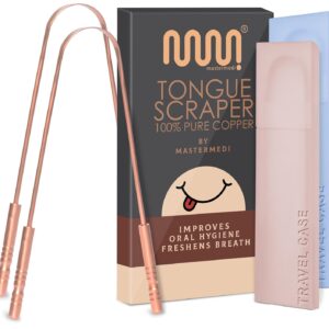 MasterMedi Tongue Scraper with Case Easy to Use Tongue Scraper for Adults, Tongue Cleaner for Oral Care & Hygiene Copper Set of 2 (with Travel Case)