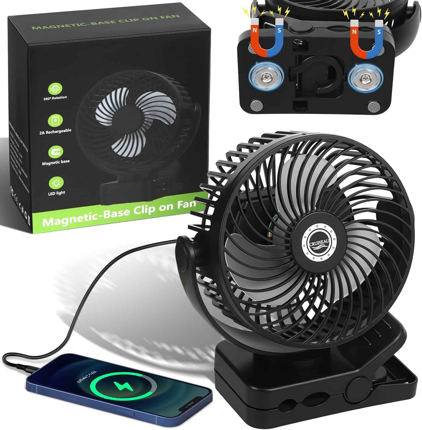 6 inch Magnetic Cruise Fan with 12000mAh Rechargeable Battery, 3-Speed Control, LED Light, Timer, Clip & Power Output – Ship-Approved, 360° Tilt Head for Cruise Staterooms & Travel