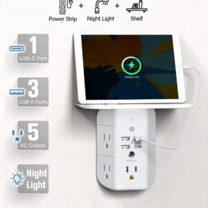 Alternative view of Mifaso 3-Sided Multi Plug Power Strip, Wall Extender with Shelf, Night Light & Surge Protector, USB Wall Charger with 5 AC Wide Space Outlets and 3 USB & 1 C Port, White
