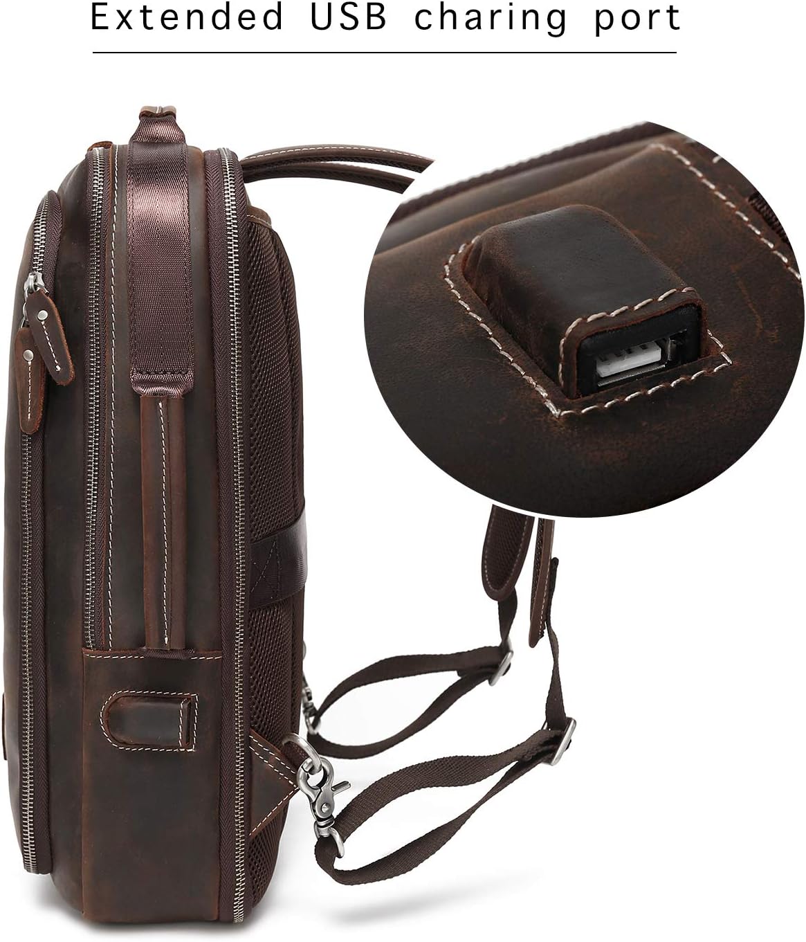 LANNSYNE Men's Full Grain Leather Expandable 15.6 Laptop Backpack Tote Shoulder Travel Bag Rucksack - Image 9