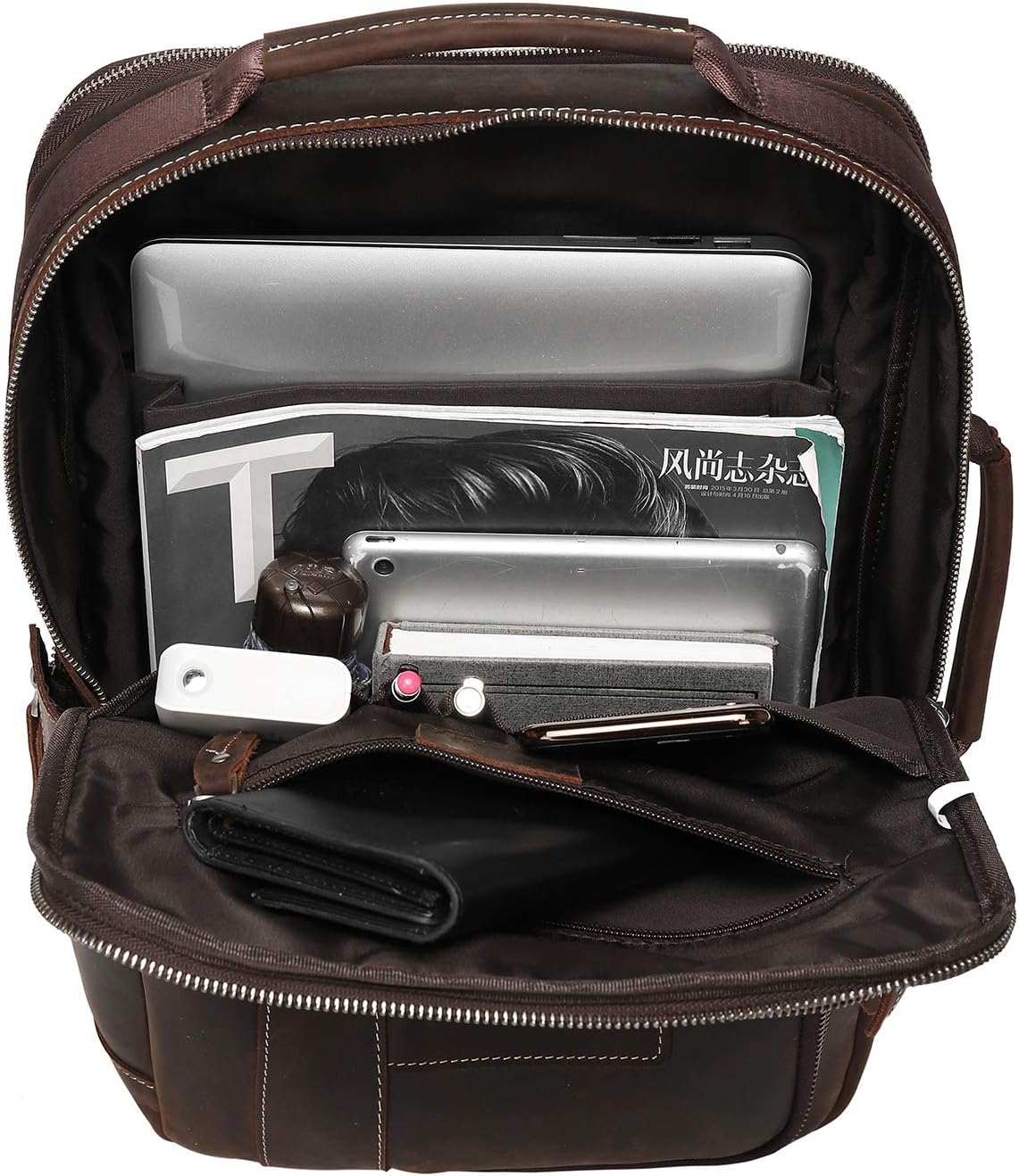 LANNSYNE Men's Full Grain Leather Expandable 15.6 Laptop Backpack Tote Shoulder Travel Bag Rucksack - Image 5