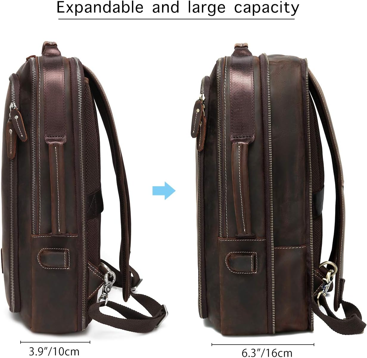 LANNSYNE Men's Full Grain Leather Expandable 15.6 Laptop Backpack Tote Shoulder Travel Bag Rucksack - Image 4