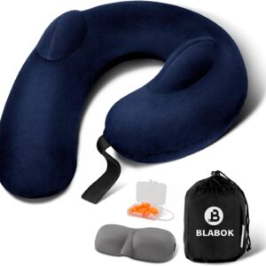 Patented Design Inflatable Travel Neck Pillow – Airplane Neck Pillow with 360° Head & Neck Support, Soft Washable Velvet Cover, Compact Neck Support Pillow for Airplane,Train,Car,Office & Home (Blue)