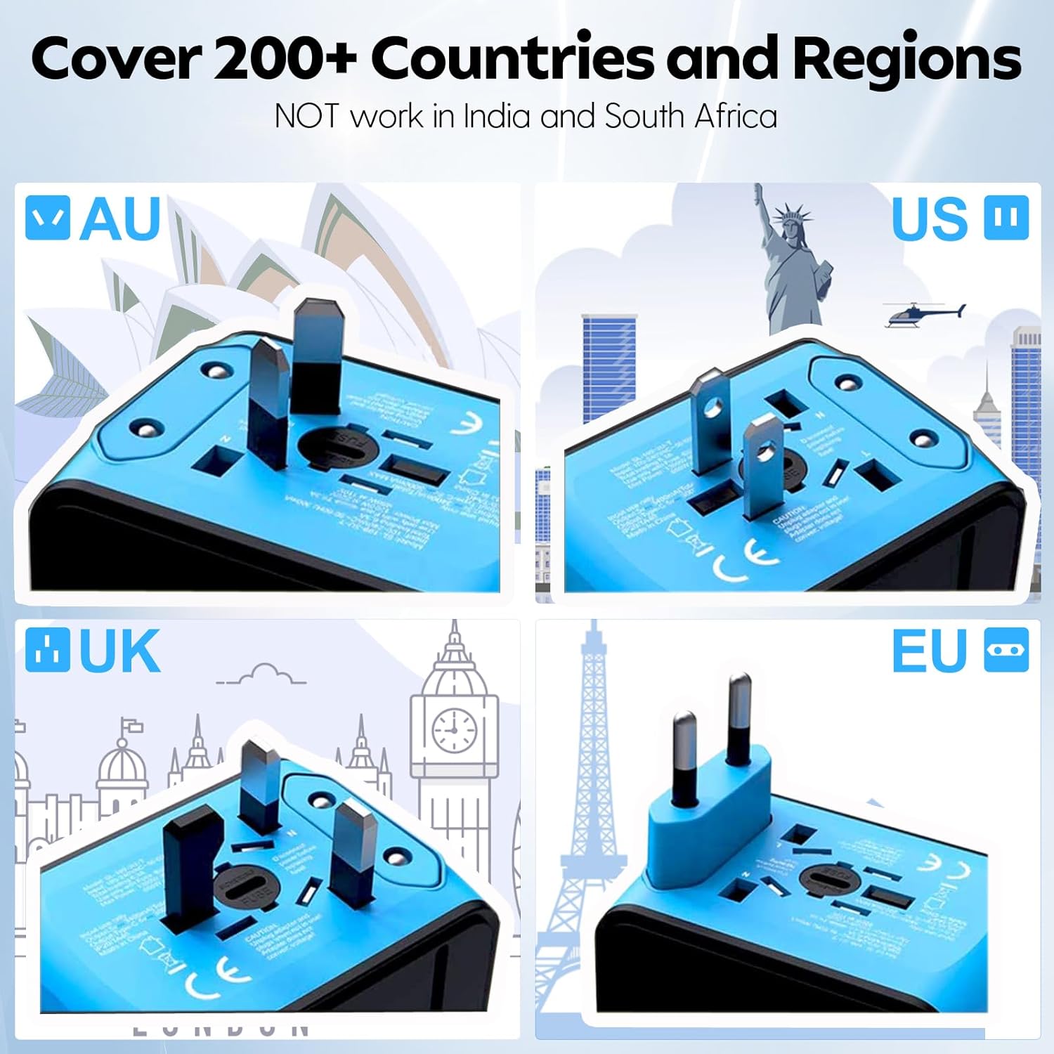 JMFONE Universal Travel Adapter with 4 USB C/A Ports and AC Outlets, All-in-One International Power Plug Adapter for All USB Devices, Worldwide Travel Charger for Europe US UK AU 200+ Countries(Blue) - Image 5