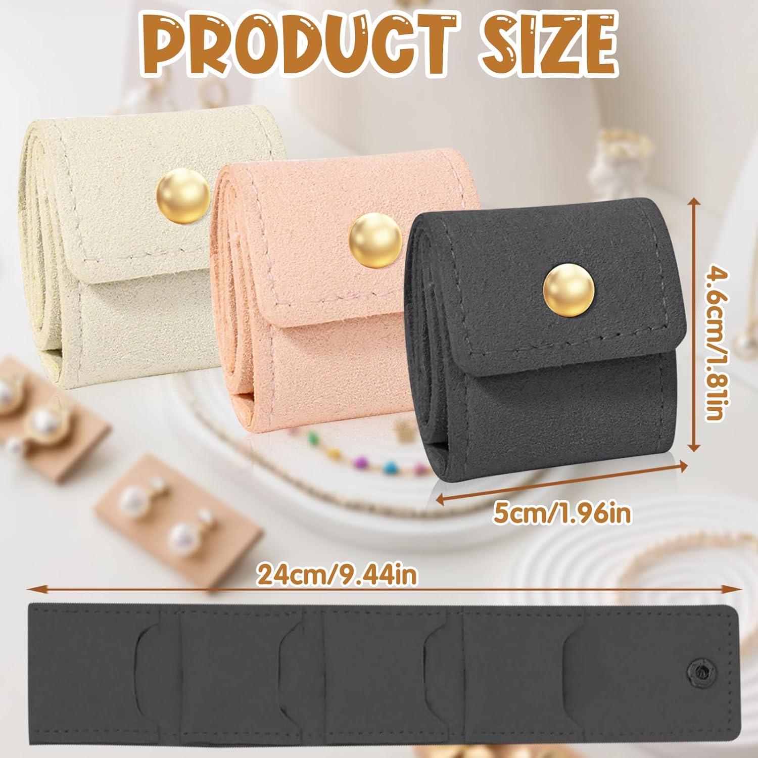 3Pcs Mini Travel Jewelry Bag, Leather Jewelry Organizer Foldable Pouch for Necklaces, Rings & Earrings - Compact Jewelry Case with Buckle for Women, Travel Accessories (Beige, Pink, Gray) - Image 2