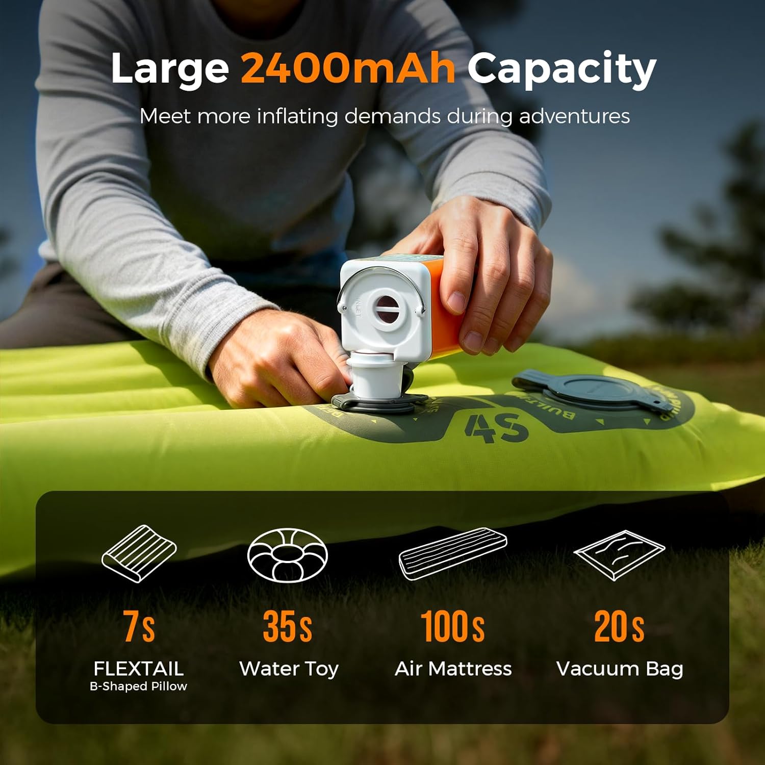 Portable Air Pump for Inflatables, 2400mAh Ultra Powerful Mini Air Mattress Pump with Camping Light, 4.5kPa Electric Air Pump Camping Gear for Pool Float, Air Mattress,Vacuum Storage Bags - Image 4