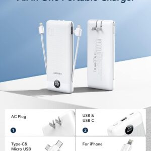 Alternative view of VEGER Portable Charger with Built-in AC Plug and Cables, All in One 10000mAh Ultra Slim Power Bank Travel Essentials, 15W Fast Charging Battery Pack Compatible with iPhone, Samsung, Android (White)