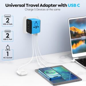 Alternative view of JMFONE Universal Travel Adapter with 4 USB C/A Ports and AC Outlets, All-in-One International Power Plug Adapter for All USB Devices, Worldwide Travel Charger for Europe US UK AU 200+ Countries(Blue)