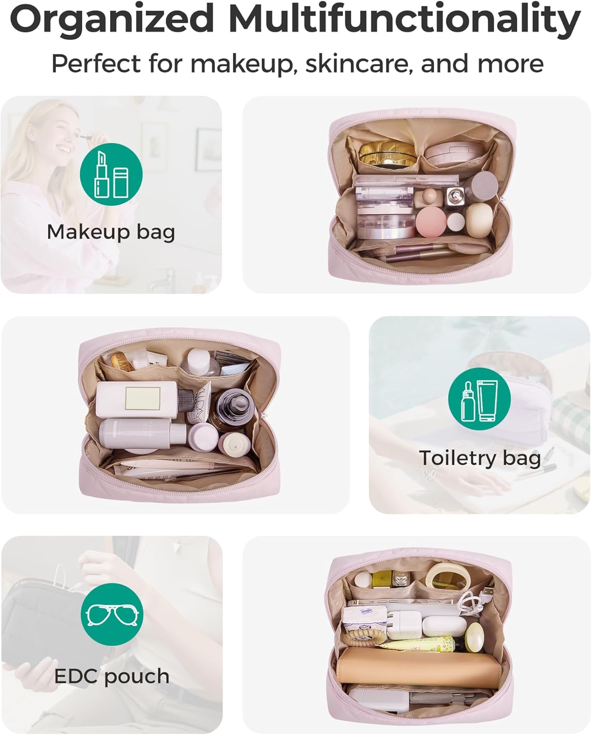 BAGSMART Makeup Bag, Wide Opening Cosmetic Bag Compact & Spacious, Water-Resistant Travel Organizer Pouches for Women (Khaki Checkered) - Image 7