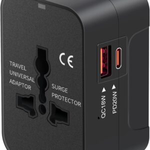 Travel Adapter USB C, Universal All in One Worldwide Travel Adapter Fast Charge GaN PD3.0 Type C USB-A Quick Charging Ports Power Converters Wall Charger AC Power Plug Adapter for USA EU UK AUS Black