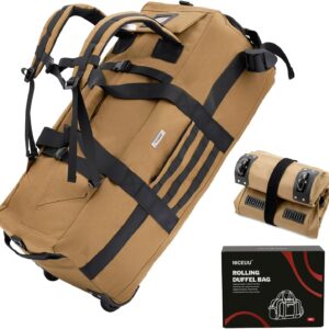 80L Rolling Duffel Bag with wheels,Travel Duffle Bag,Large Wheeled Travel Duffel Luggage with Rollers (Khaki（Adjustable handle))