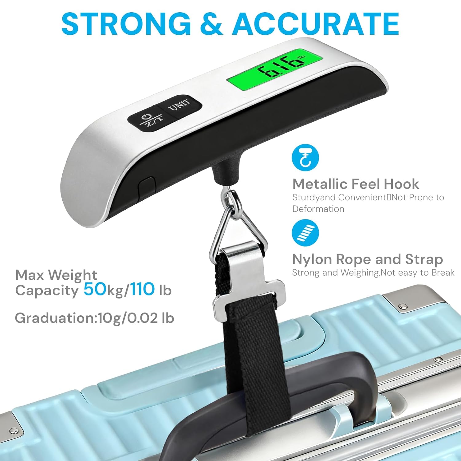 Digital Luggage Scale, 110lb Portable Suitcase Weight Scale for Travel with Backlit LCD, 4-Unit Switching, Non-Slip, Luggage Scale for Luggage, Backpacks, Packages (Battery Included) - Image 4