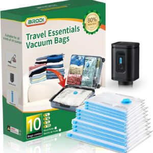 BRODI 10 Combo Pack Travel Vacuum Bags with Pump - Space Saver & Travel Essentials, Clothing & Luggage Vacuum Seal Bags