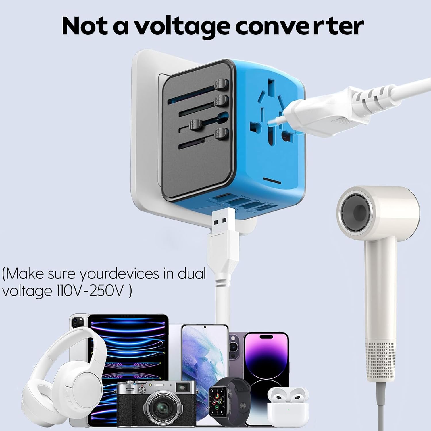 JMFONE Universal Travel Adapter with 4 USB C/A Ports and AC Outlets, All-in-One International Power Plug Adapter for All USB Devices, Worldwide Travel Charger for Europe US UK AU 200+ Countries(Blue) - Image 3