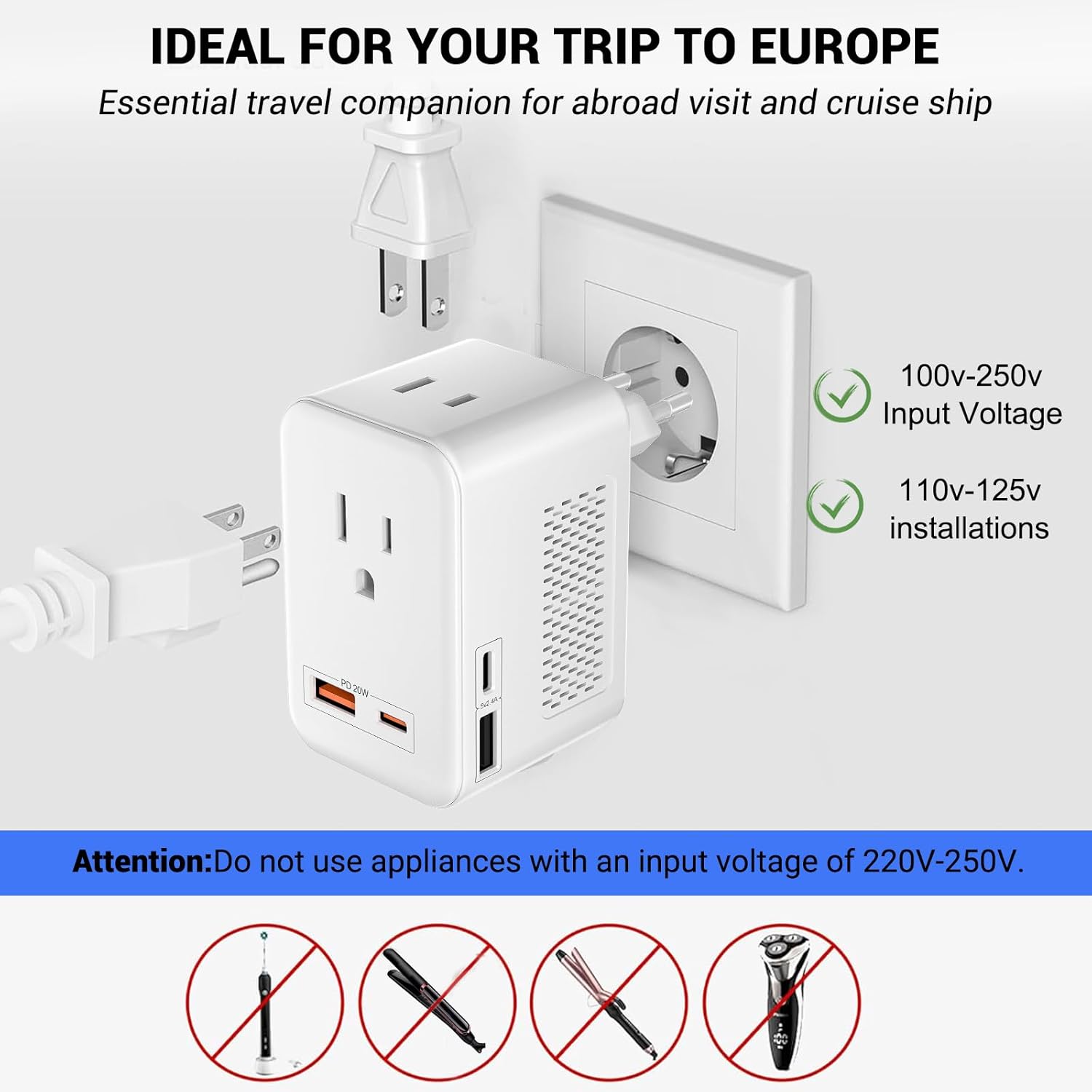 220V to 110V Voltage Conversion Plug Adapter for Traveling from USA to Europe with 2 USB and 2 USBC Ports PD 20 W, 2 AC Outlets International Power Adapter - Image 3