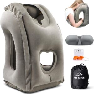 JefDiee Inflatable Travel Pillow, Airplane Neck Pillow Comfortably Supports Head and Chin for Airplanes, Trains, Cars Office Napping on The Tray Table (Grey)
