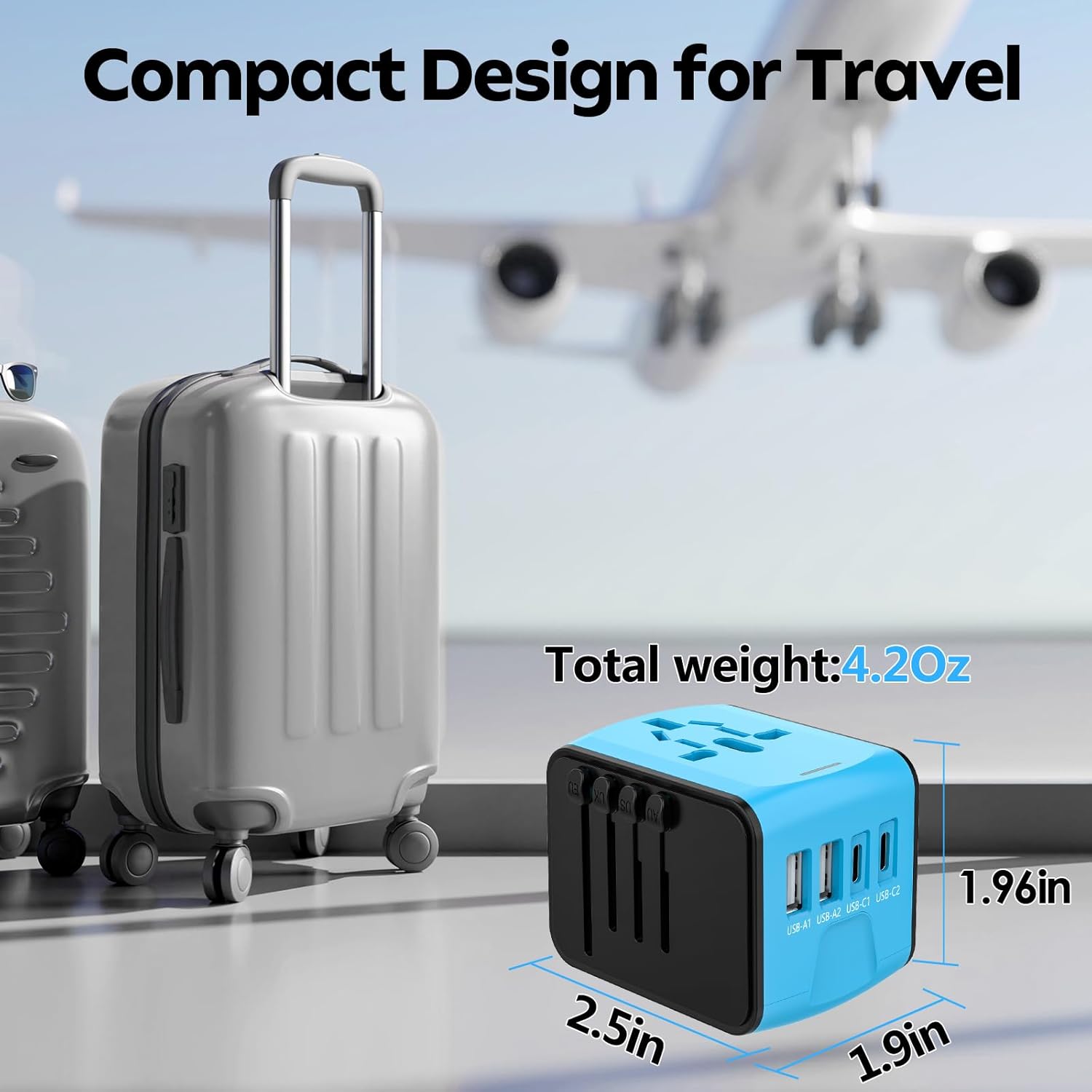 JMFONE Universal Travel Adapter with 4 USB C/A Ports and AC Outlets, All-in-One International Power Plug Adapter for All USB Devices, Worldwide Travel Charger for Europe US UK AU 200+ Countries(Blue) - Image 6